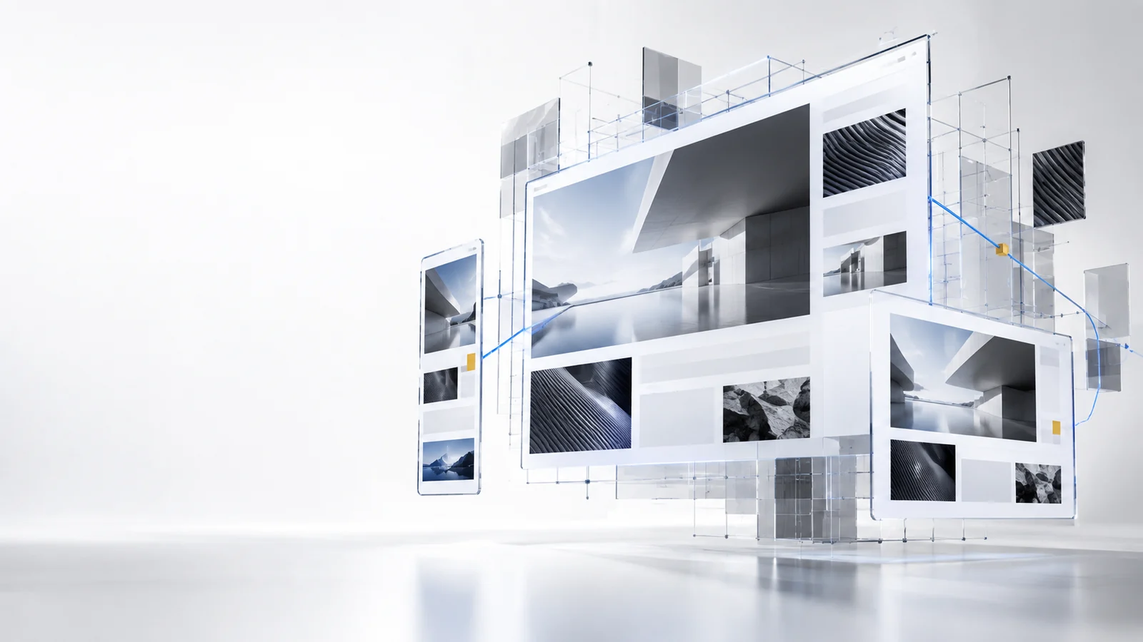 Interfaces web en distintos formatos se conectan dentro de una arquitectura digital.