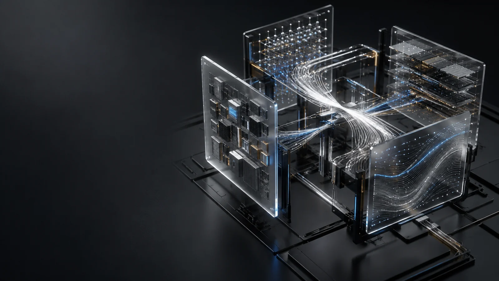 Un ecosistema de estructuras digitales se conecta mediante flujos luminosos.